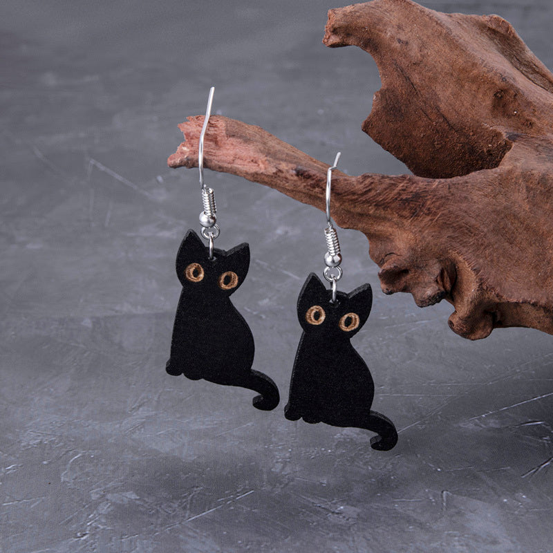 Wooden Black Skeleton Cat Drop Earrings