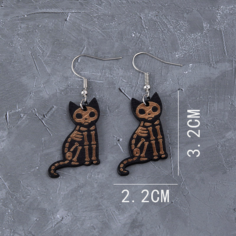 Wooden Black Skeleton Cat Drop Earrings