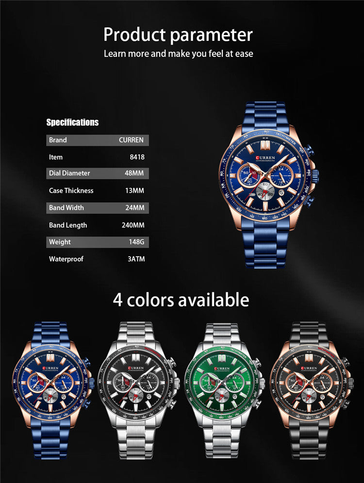 Men's Waterproof Calendar Steel Belt Quartz Watch