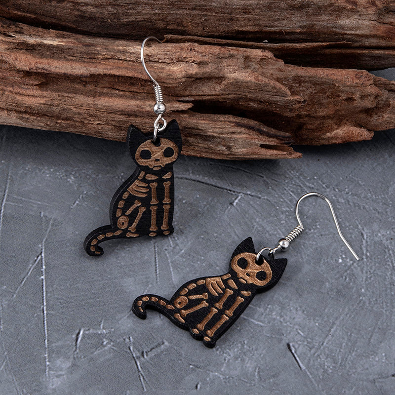 Wooden Black Skeleton Cat Drop Earrings