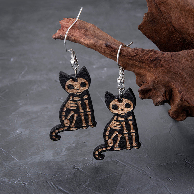 Wooden Black Skeleton Cat Drop Earrings