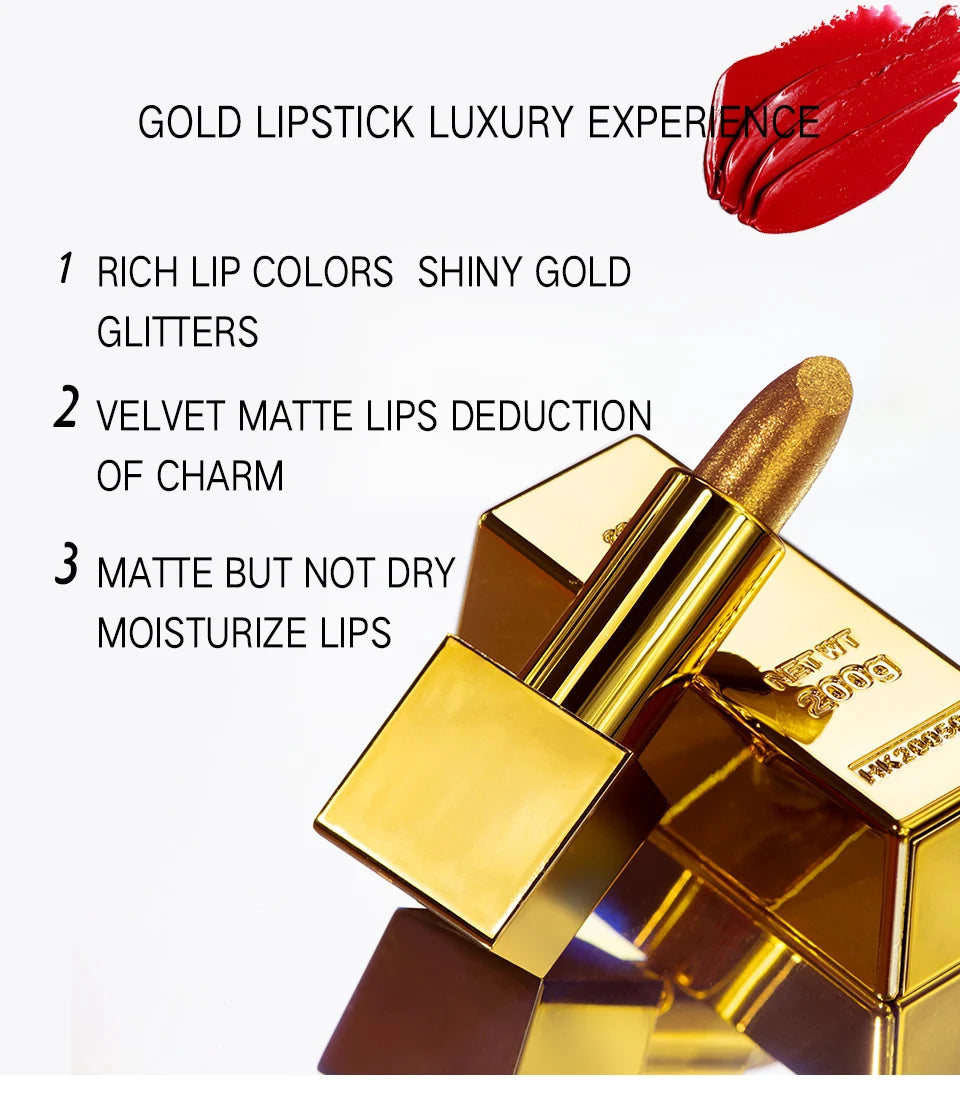 Glitter Lipstick Moisturizing Makeup Velvet Matte Gold Lipstick Waterproof Lipstains Sexy Shiny Red Cosmetics Pigment Nude Rouge