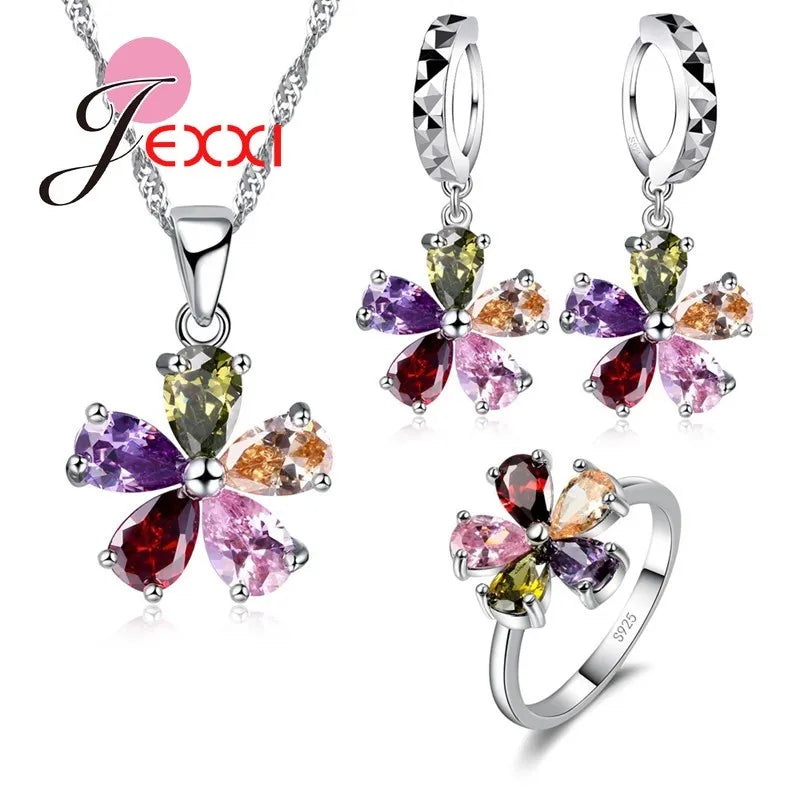 Flower Shape Necklace Earrings Ring Jewelry Set Crystal 925 Silver Fine Jewelry