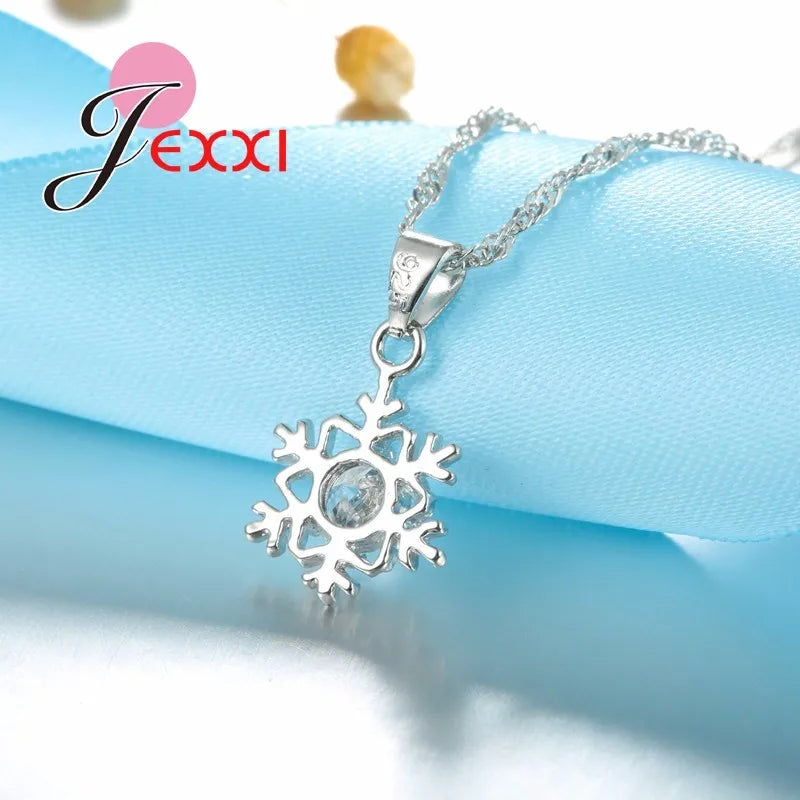 Snowflake Exquisite Design With White Cubic Zirconia 925 Sterling Silver  Necklace Earrings Jewelry Set For Women/Girls