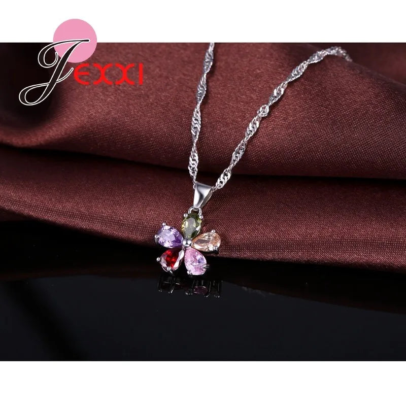 Flower Shape Necklace Earrings Ring Jewelry Set Crystal 925 Silver Fine Jewelry