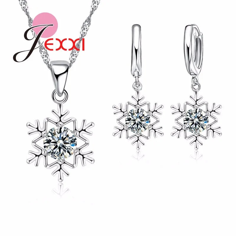 Snowflake Exquisite Design With White Cubic Zirconia 925 Sterling Silver  Necklace Earrings Jewelry Set For Women/Girls