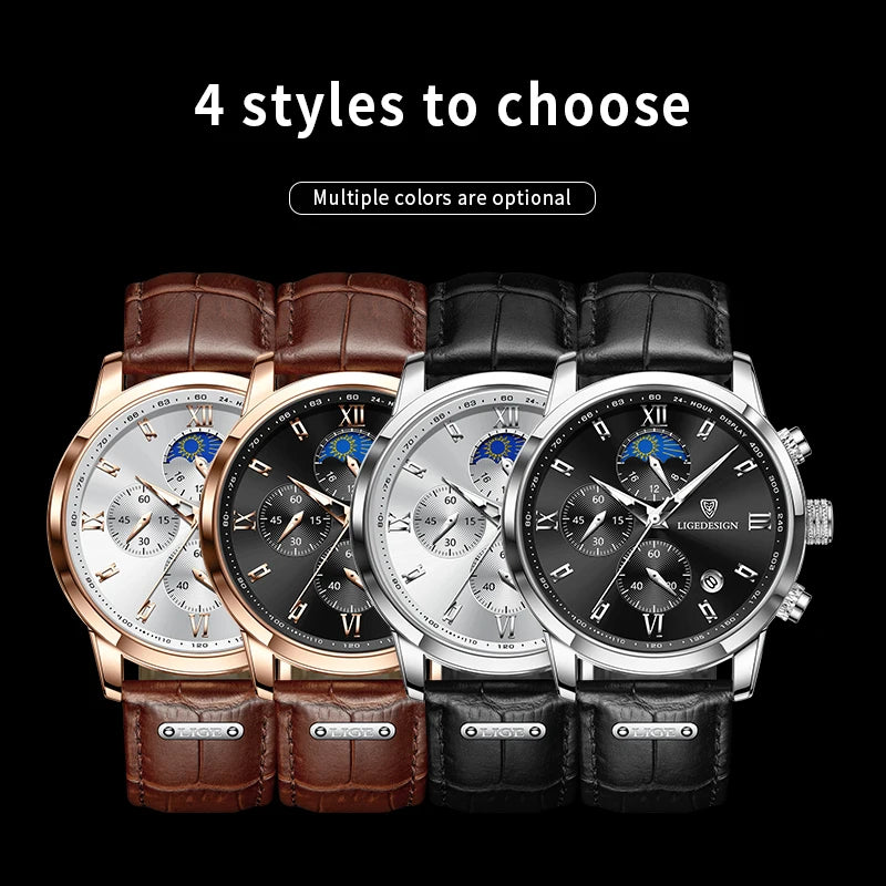 Wristwatches LIGE Top Brand Luxury Leather Quartz Sports Stop Watch