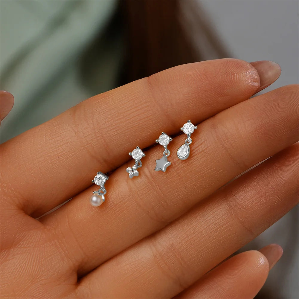 Trendy Flower Shaped Inlaid Zircon Piercing Drop Earrings Jewelry