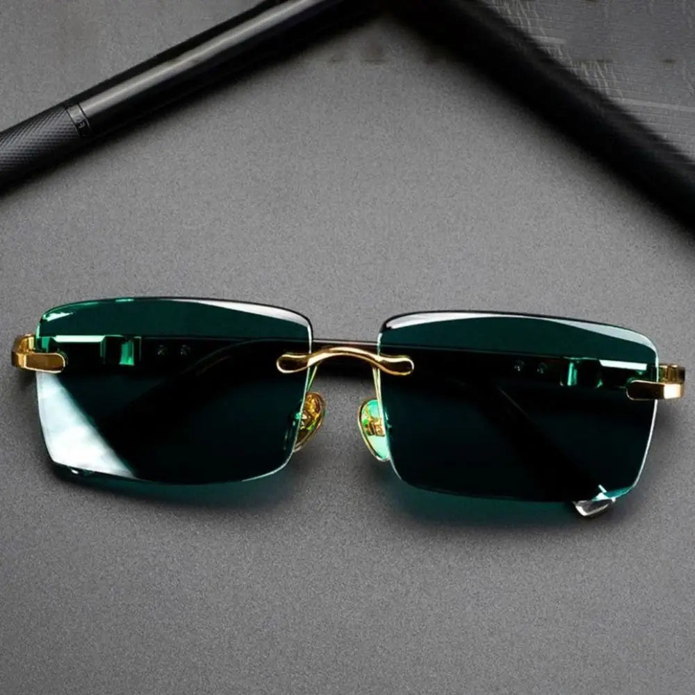 Frameless Men's Sunglasses Green Crystal Stone Leopard Print Cycling Goggles Black Shades UV Protective Outdoor Sunglasses Retro