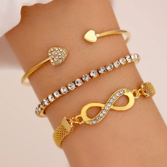 Open Chain Link Bracelet Set Fashion Crystal Tennis Chain Bangle Trend Jewelry Accessories