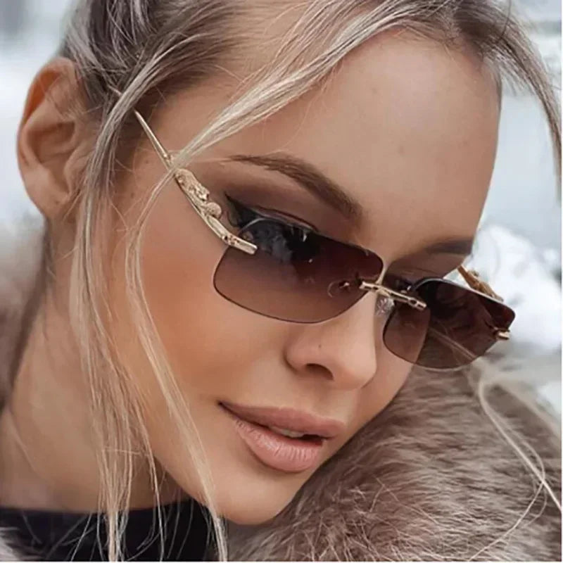 Rimless Rectangle Vintage Metal Leopard Head Sunglasses Frameless Tinted Shades