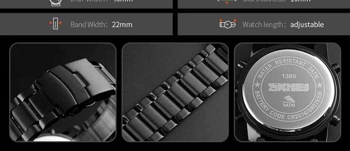 Skmei 3 Time Back Light Display Digital Watches Mens Full Steel Strap Quartz Wristwatch Countdown Clock Relogio Masculino