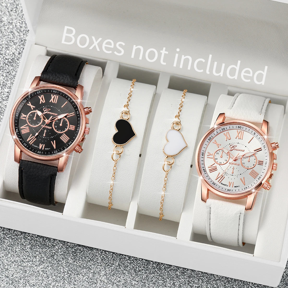 Fashion Simple Roma Dial Quartz Wristwatch PU Leather Band Heart Bracelets Set