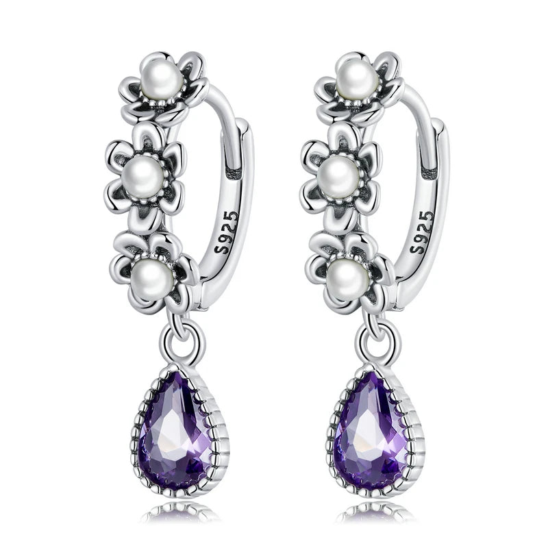 Vintage Flower Classic Hoop Earrings Natural Pearl Purple CZ Drop Dangle Earrings