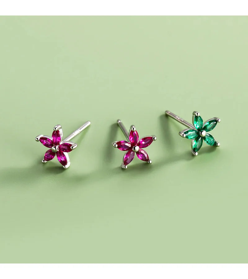 Trendy Fashion Flower Colour CZ Stud Earrings 925 Silver