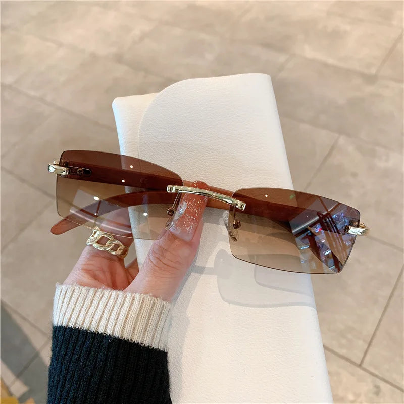 Fashion Sunglasses Frameless Imitation Wood Grain Mirror Leg Sunglasses