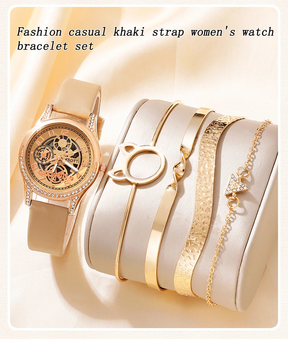 Fashion Watch Casual Khaki Leather Belt Rhinestone Quartz Wristwatches Bracelet