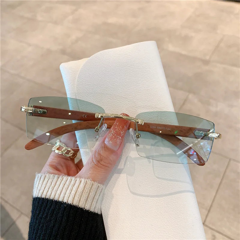 Fashion Sunglasses Frameless Imitation Wood Grain Mirror Leg Sunglasses