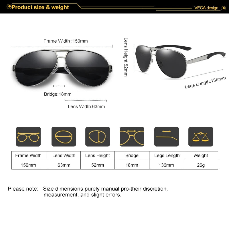 VEGA Eyewear Black Pilot Sunglasses Men Polarized With Box Polycarbonate Pilot Sun Glasses Men Aviation Sunglasses 2018 VG12