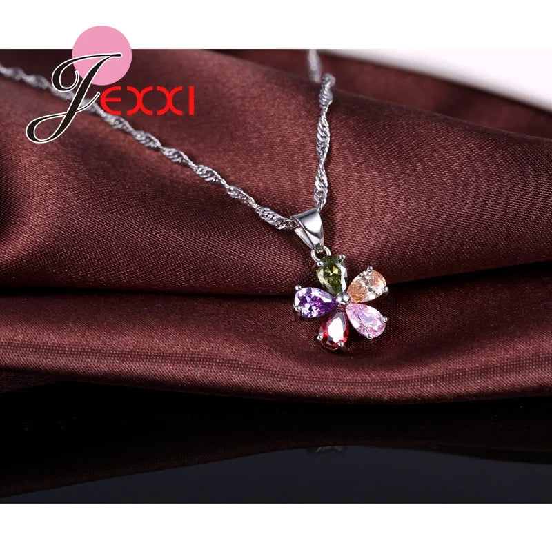 Flower Shape Necklace Earrings Ring Jewelry Set Crystal 925 Silver Fine Jewelry