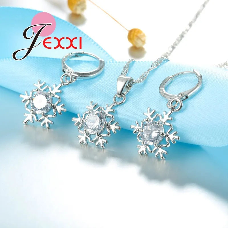 Snowflake Exquisite Design With White Cubic Zirconia 925 Sterling Silver  Necklace Earrings Jewelry Set For Women/Girls