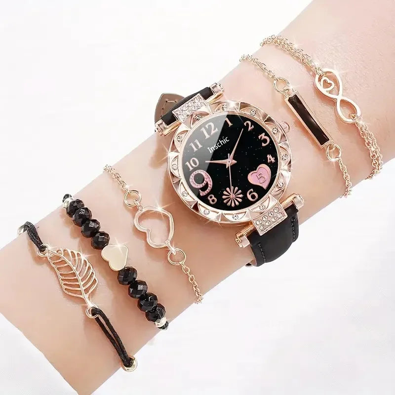 Luxury Fashion Bracelets Watch Set Quartz PU Leather Analog Wristwatch