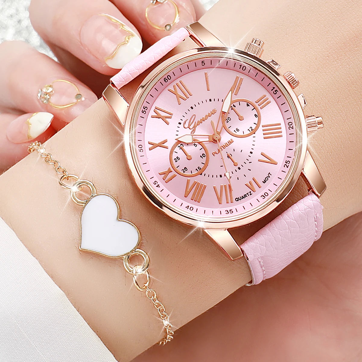 Fashion Simple Roma Dial Quartz Wristwatch PU Leather Band Heart Bracelets Set