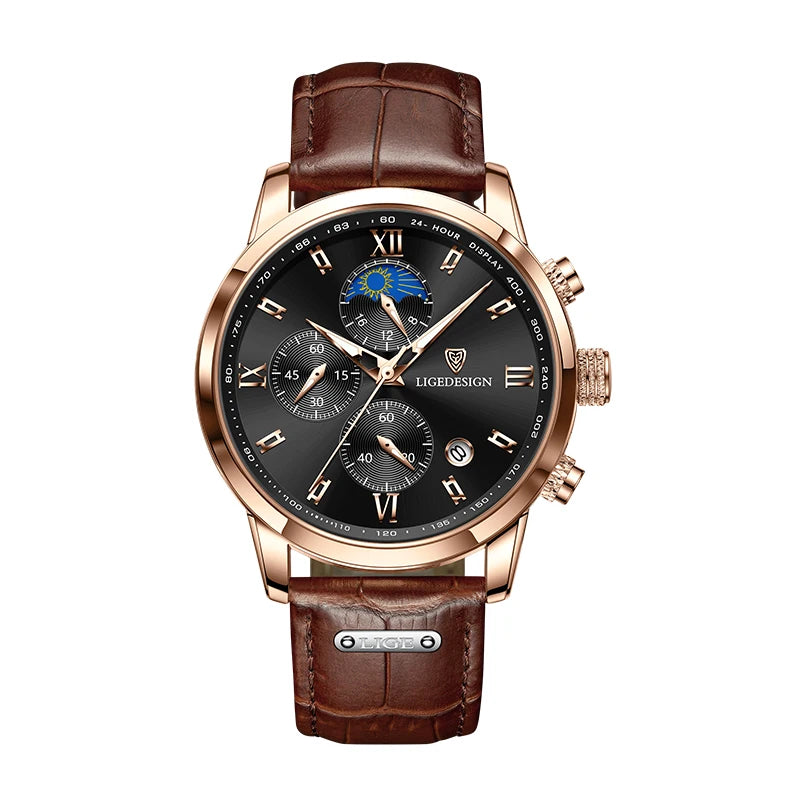 Wristwatches LIGE Top Brand Luxury Leather Quartz Sports Stop Watch