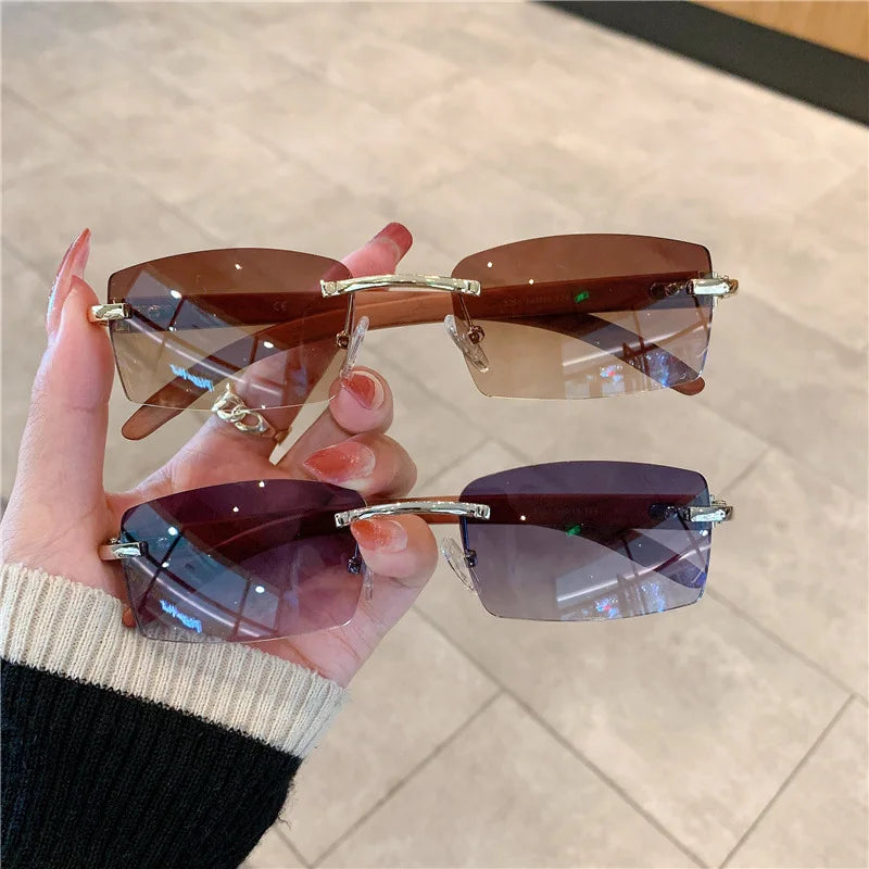 Fashion Sunglasses Frameless Imitation Wood Grain Mirror Leg Sunglasses