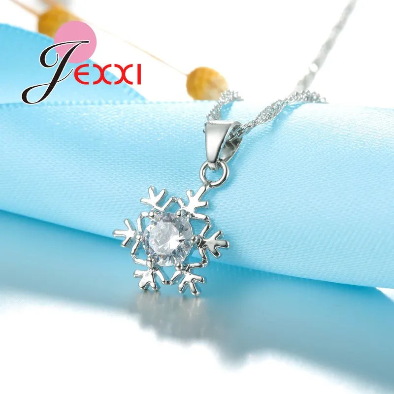 Snowflake Exquisite Design With White Cubic Zirconia 925 Sterling Silver  Necklace Earrings Jewelry Set For Women/Girls