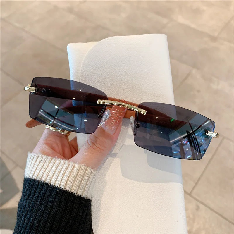 Fashion Sunglasses Frameless Imitation Wood Grain Mirror Leg Sunglasses