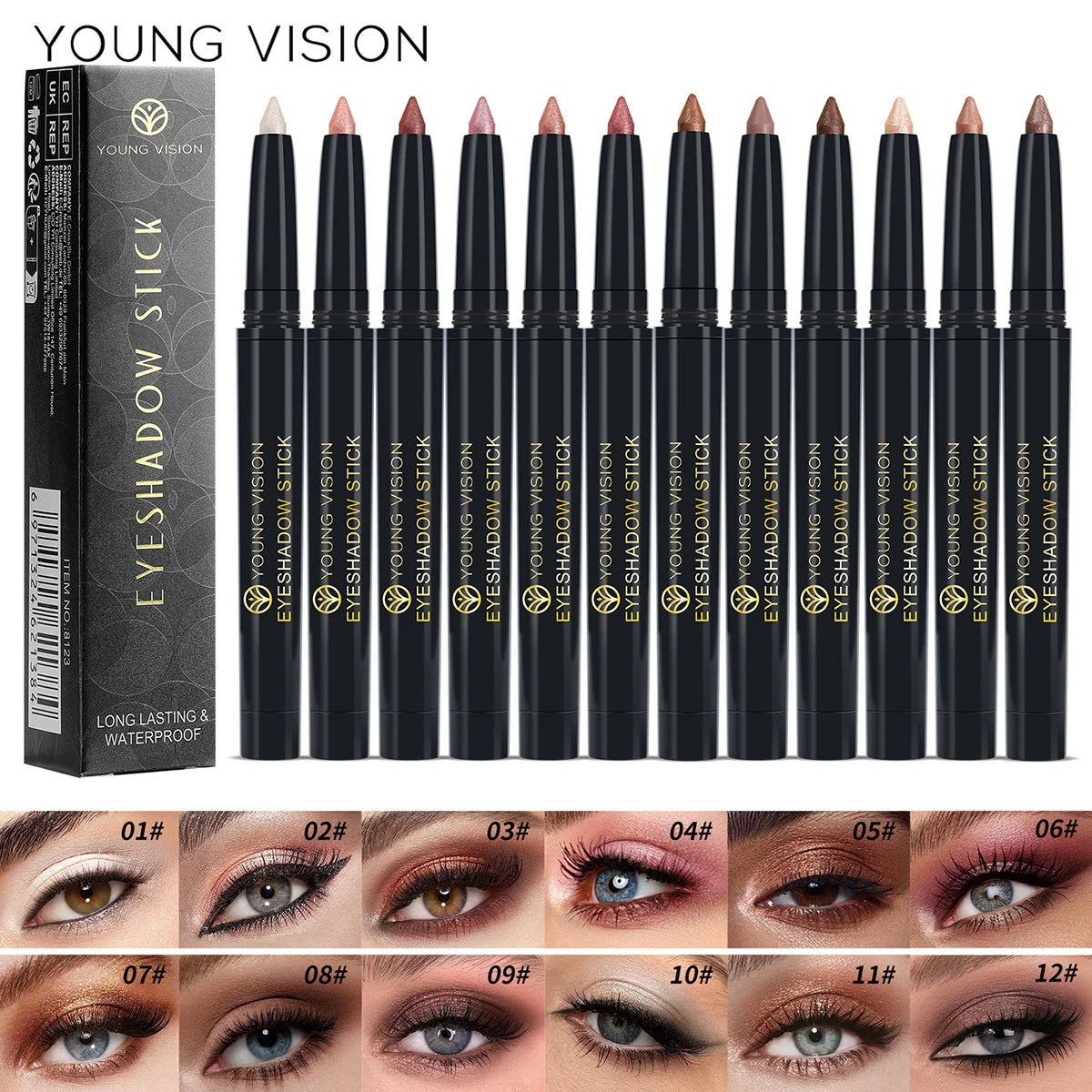 YOUNG VISION 12 Color Eyeshadow Stick Waterproof Long-lasting Pearl Shimmer cream formula easy to color fine and smooth