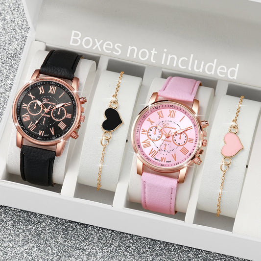 Fashion Simple Roma Dial Quartz Wristwatch PU Leather Band Heart Bracelets Set