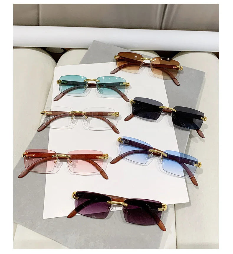 Fashion Sunglasses Frameless Imitation Wood Grain Mirror Leg Sunglasses