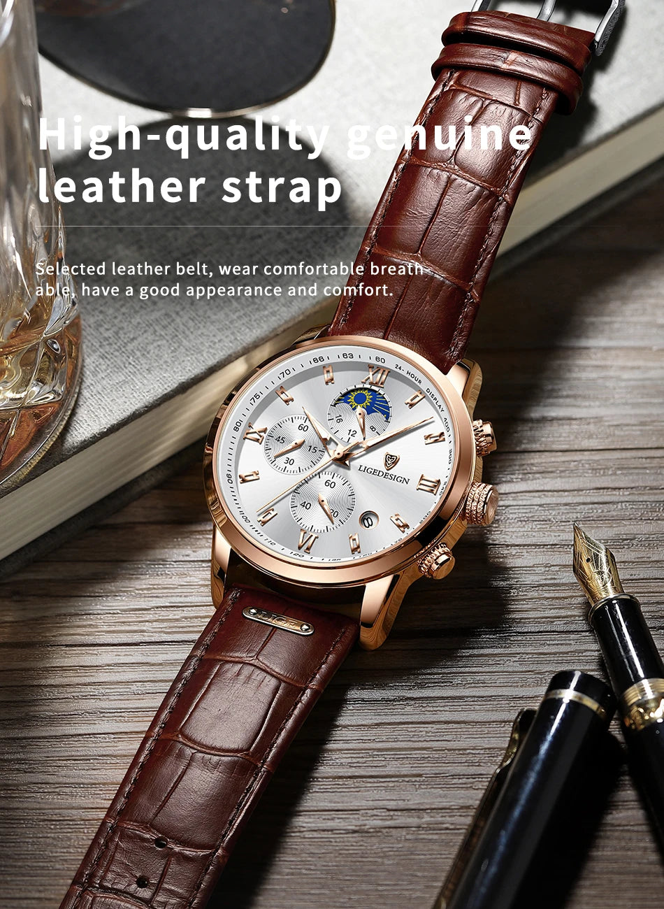 Wristwatches LIGE Top Brand Luxury Leather Quartz Sports Stop Watch