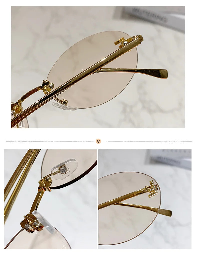 Elegant Diamond Oval Fashion Sunglasses Letter "F" Rimless Trendy Eyewear