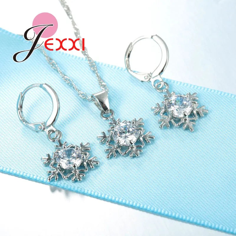 Snowflake Exquisite Design With White Cubic Zirconia 925 Sterling Silver  Necklace Earrings Jewelry Set For Women/Girls