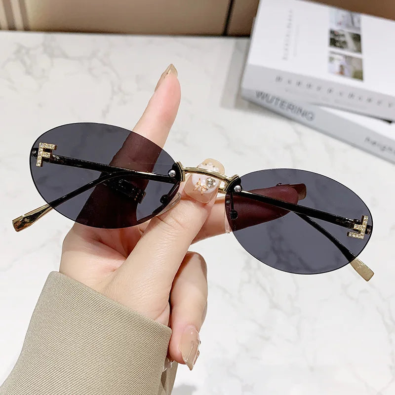 Elegant Diamond Oval Fashion Sunglasses Letter "F" Rimless Trendy Eyewear