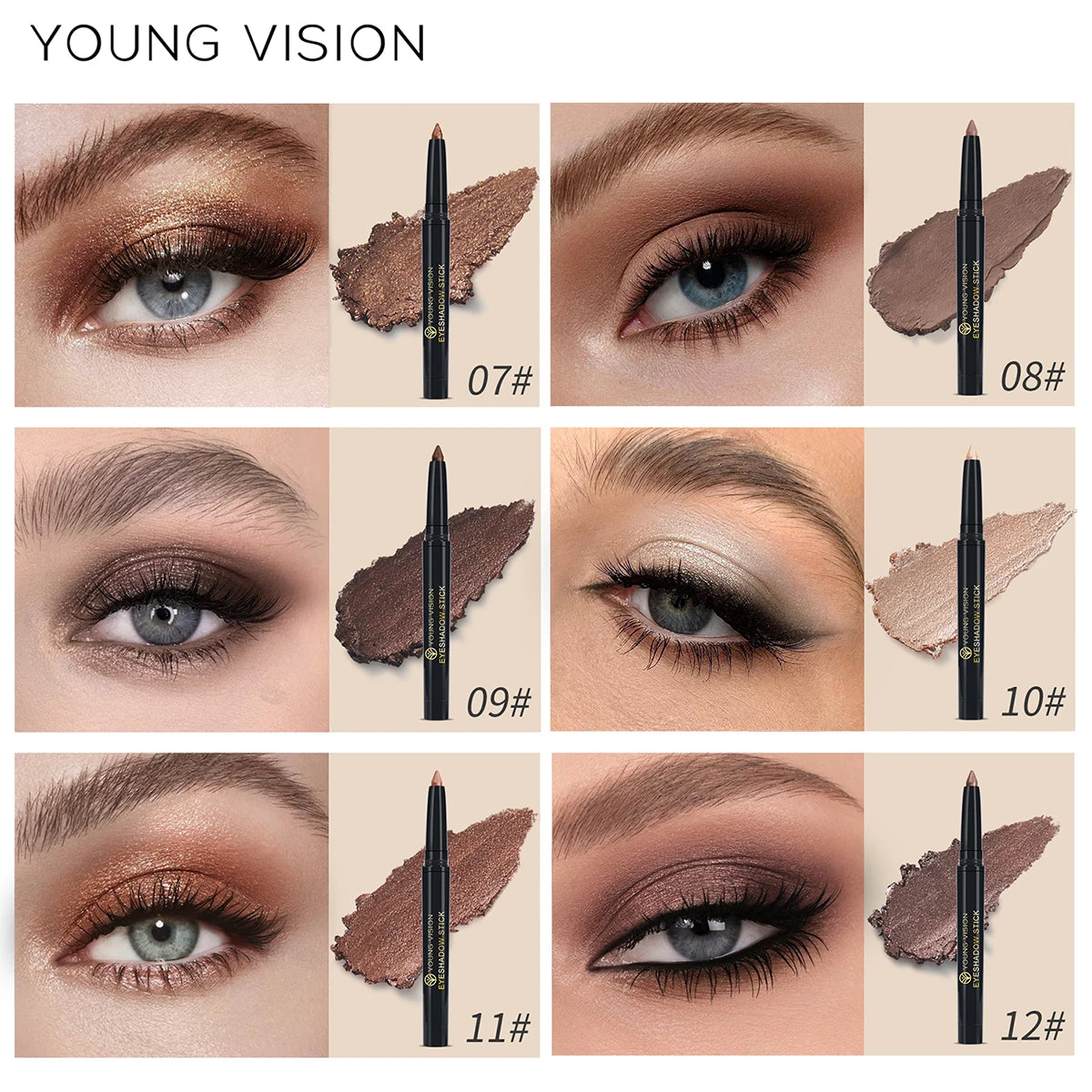 YOUNG VISION 12 Color Eyeshadow Stick Waterproof Long-lasting Pearl Shimmer cream formula easy to color fine and smooth