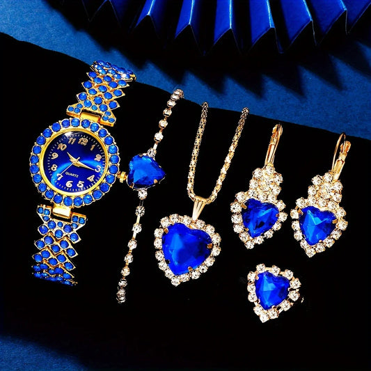 Elegant Rhinestone Quartz Fashion Watch Synthetic Blue Gem Jewelry Set