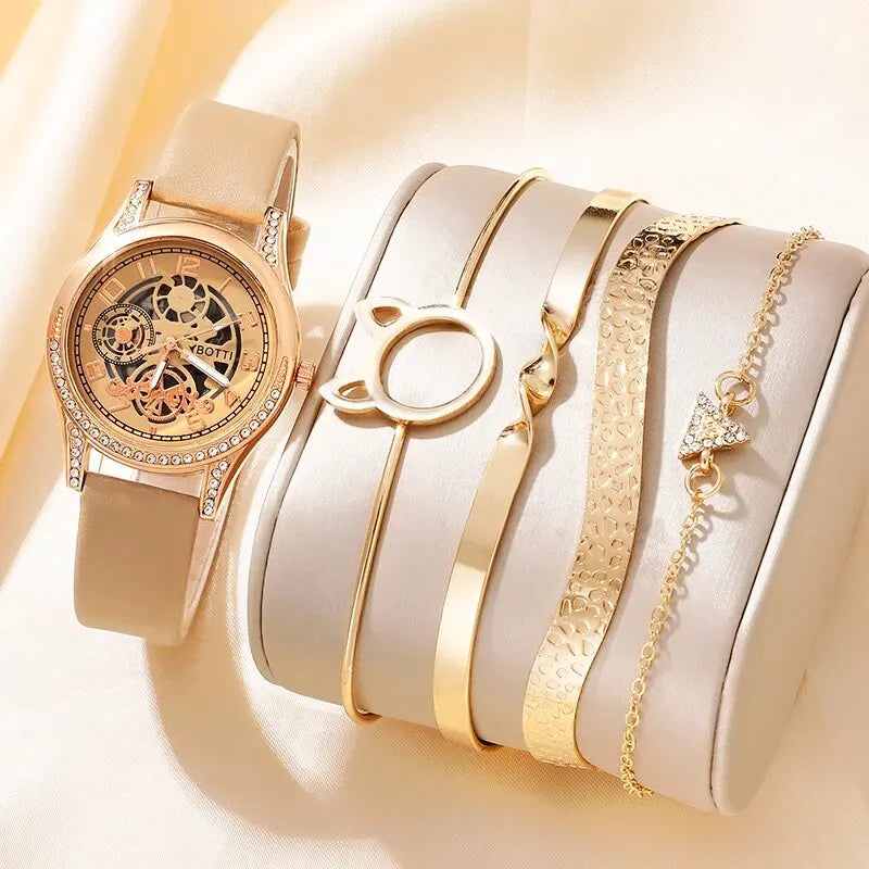 Fashion Watch Casual Khaki Leather Belt Rhinestone Quartz Wristwatches Bracelet