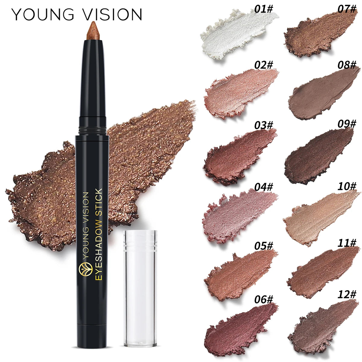 YOUNG VISION 12 Color Eyeshadow Stick Waterproof Long-lasting Pearl Shimmer cream formula easy to color fine and smooth