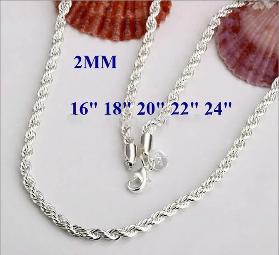 Classic Elegant 2mm Rope Necklace Beautiful Fashion 925 Silver Chain Pendant