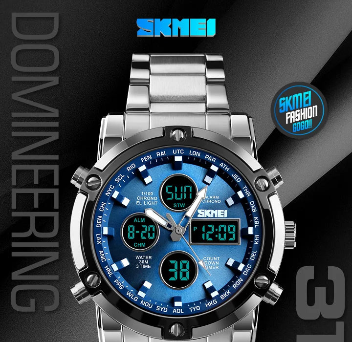 Skmei 3 Time Back Light Display Digital Watches Mens Full Steel Strap Quartz Wristwatch Countdown Clock Relogio Masculino