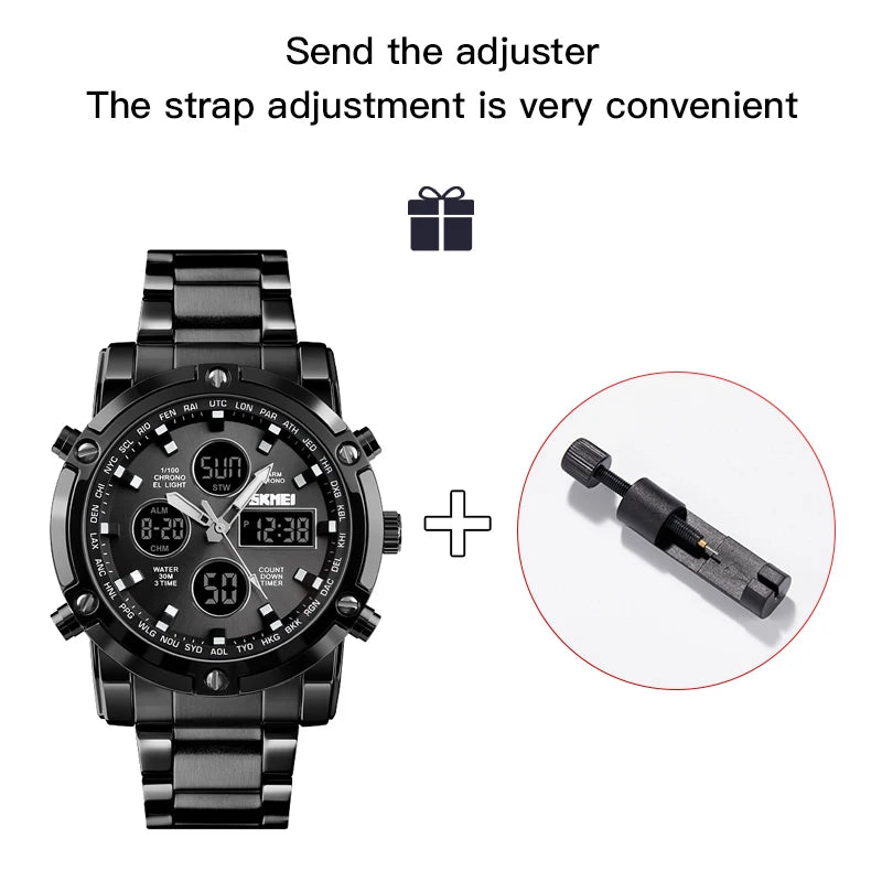 Skmei 3 Time Back Light Display Digital Watches Mens Full Steel Strap Quartz Wristwatch Countdown Clock Relogio Masculino