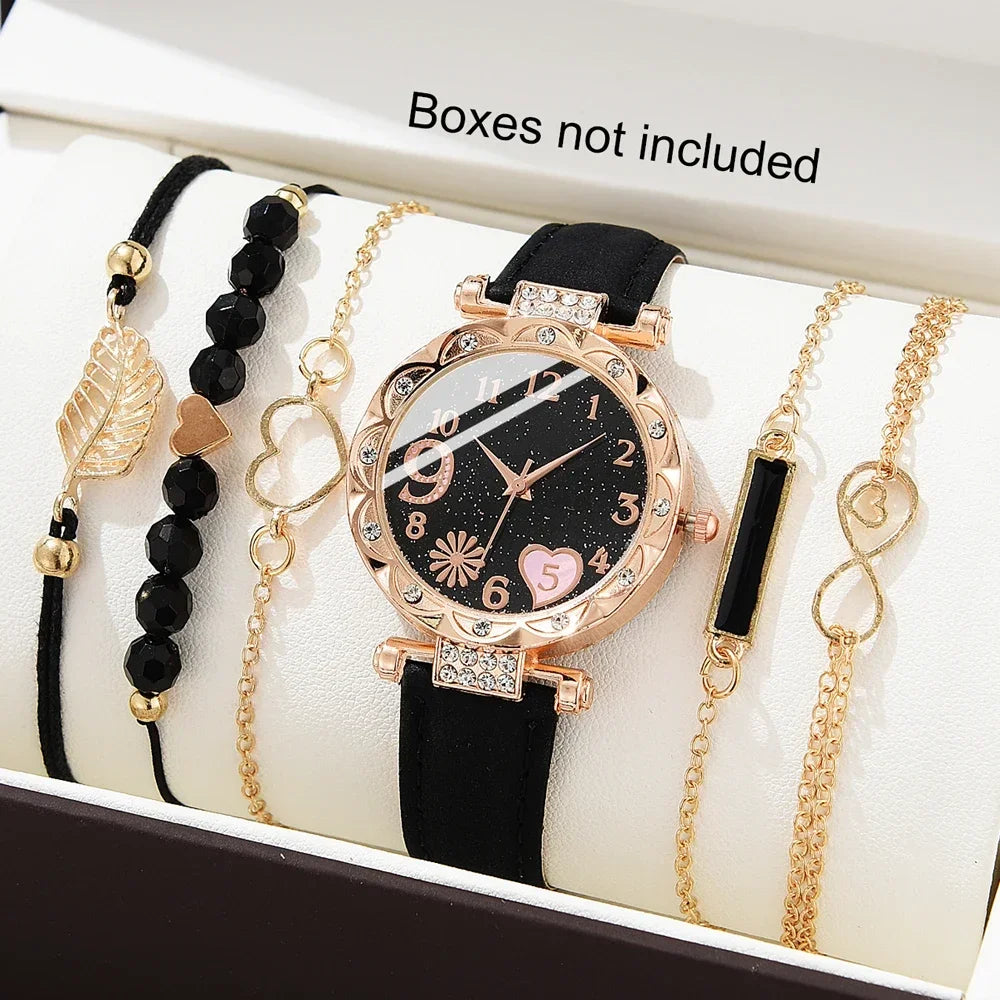 Luxury Fashion Bracelets Watch Set Quartz PU Leather Analog Wristwatch