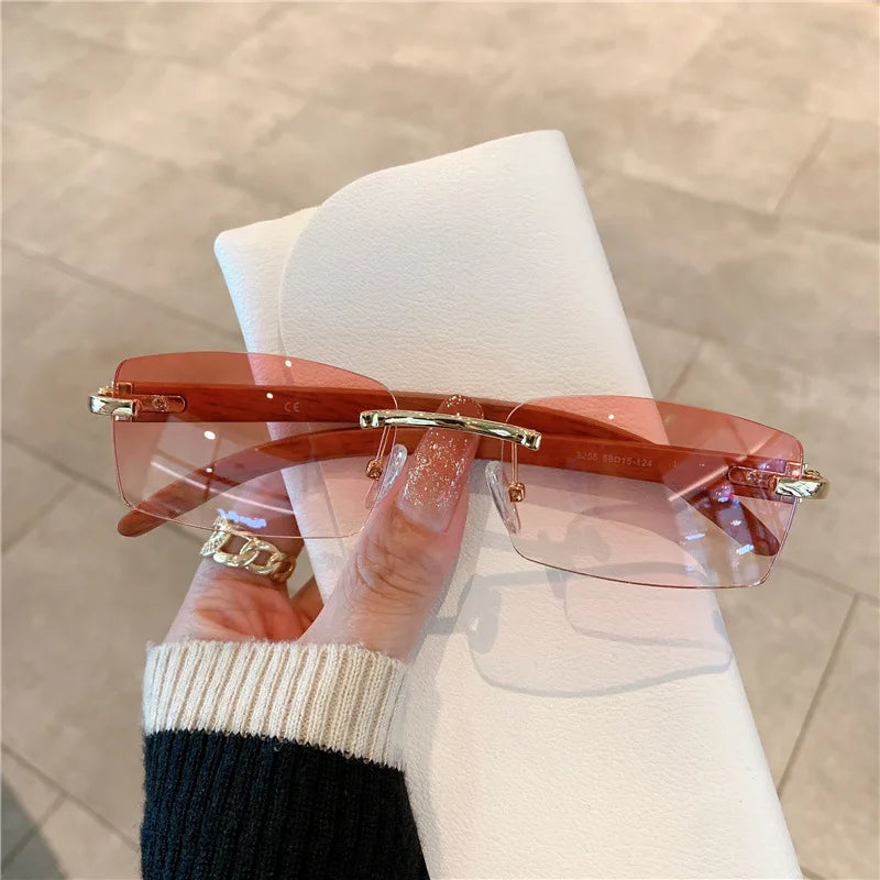 Fashion Sunglasses Frameless Imitation Wood Grain Mirror Leg Sunglasses