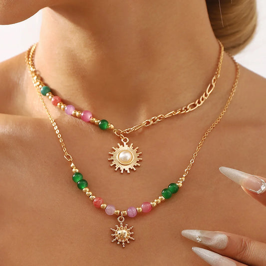 Trendy Colorful Beaded Sun Pendant Bohemian Necklace Gold Color Handmade Natural Stone