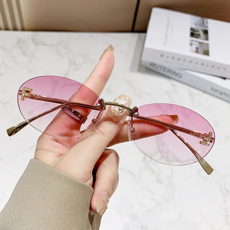 Elegant Diamond Oval Fashion Sunglasses Letter "F" Rimless Trendy Eyewear