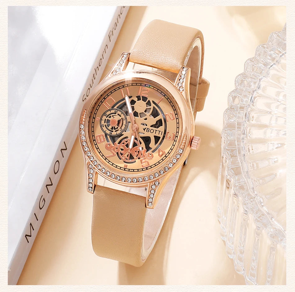 Fashion Watch Casual Khaki Leather Belt Rhinestone Quartz Wristwatches Bracelet